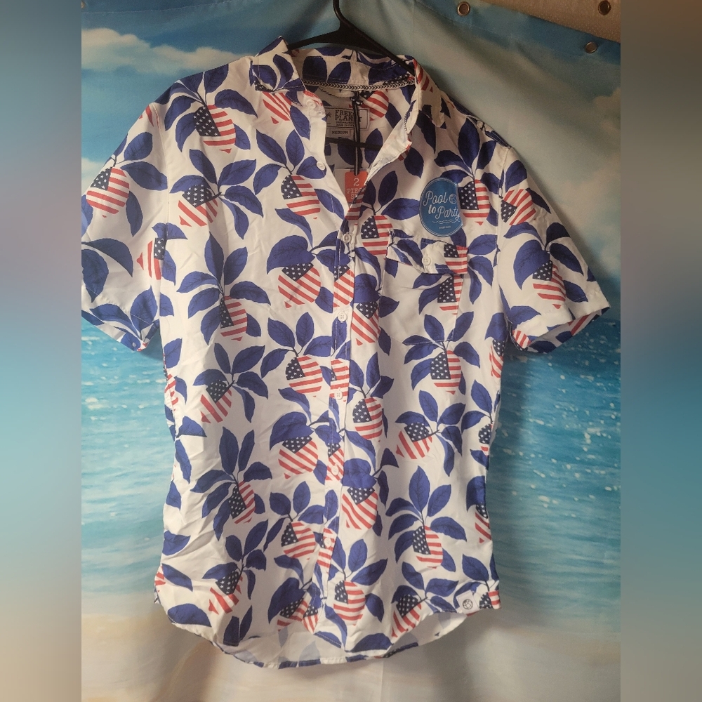 Free Planet NWOT 2 Pc Set‎ Patriotic Print Swim Shorts & Camp Shirt Size Medium
